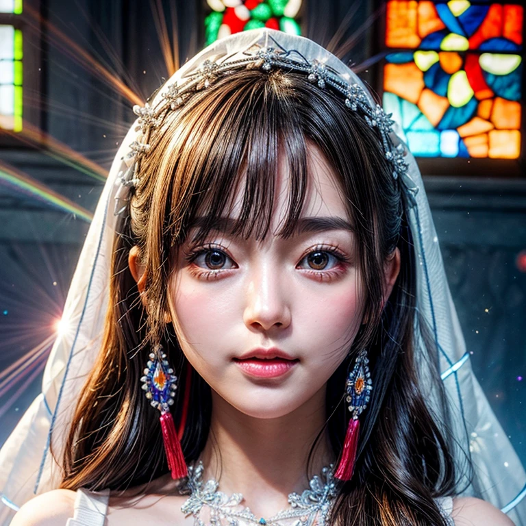 SFW, concept art, ExtremelyDetailed Tiny junior idol, Delicate lace knitted white clothes, (nipple:-0.9), face closeup, ((Dazzling stained glass Background)), (((Renbutsu Misako), colorful Light shines through stunning elaborate stained glass:1.2, RainbowColored Photon Particles, lens flare, light Particle)), (Acutance:0.8). (masterpiece:1.2),(ultra-detailed:1.37), (Photorealistic RAW photo-realistic:1.37), (Extremely detailed KAWAII face variations, innocent joyful expression variations), PUNIPUNI rosy cheeks, ElaboratePupils detailed eyes with (sparkling highlights:1.28), (Voluminous LongEyelashes, subtle blush on the face. Mystic sight, haze, Radiant PearlSkin with Transparency, Glowing DowneyHair, CaptivatingGaze, ((Dynamic-angle, physically-based rendering)) . (((not Detailed fingers:-0.9))) .