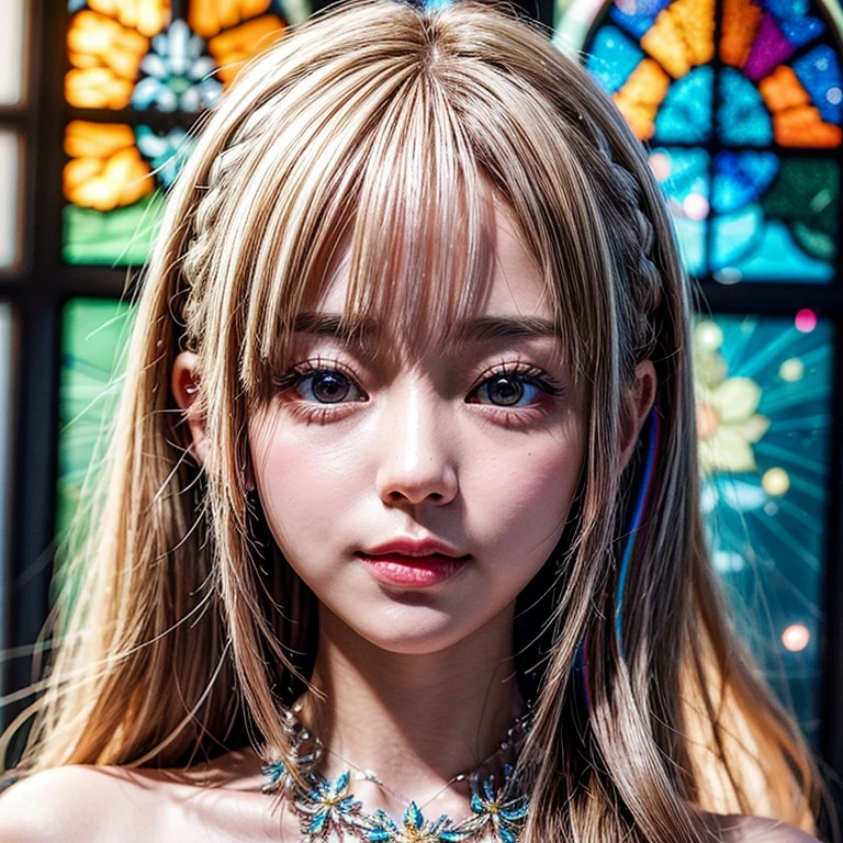 SFW, concept art, ExtremelyDetailed Tiny junior idol, Delicate lace knitted white clothes, (nipple:-0.9), face closeup, ((Dazzling stained glass Background)), (((Renbutsu Misako), colorful Light shines through stunning elaborate stained glass:1.2, RainbowColored Photon Particles, lens flare, light Particle)), (Acutance:0.8). (masterpiece:1.2),(ultra-detailed:1.37), (Photorealistic RAW photo-realistic:1.37), (Extremely detailed KAWAII face variations, innocent joyful expression variations), PUNIPUNI rosy cheeks, ElaboratePupils detailed eyes with (sparkling highlights:1.28), (Voluminous LongEyelashes, subtle blush on the face. Mystic sight, haze, Radiant PearlSkin with Transparency, Glowing DowneyHair, CaptivatingGaze, ((Dynamic-angle, physically-based rendering)) . (((not Detailed fingers:-0.9))) .