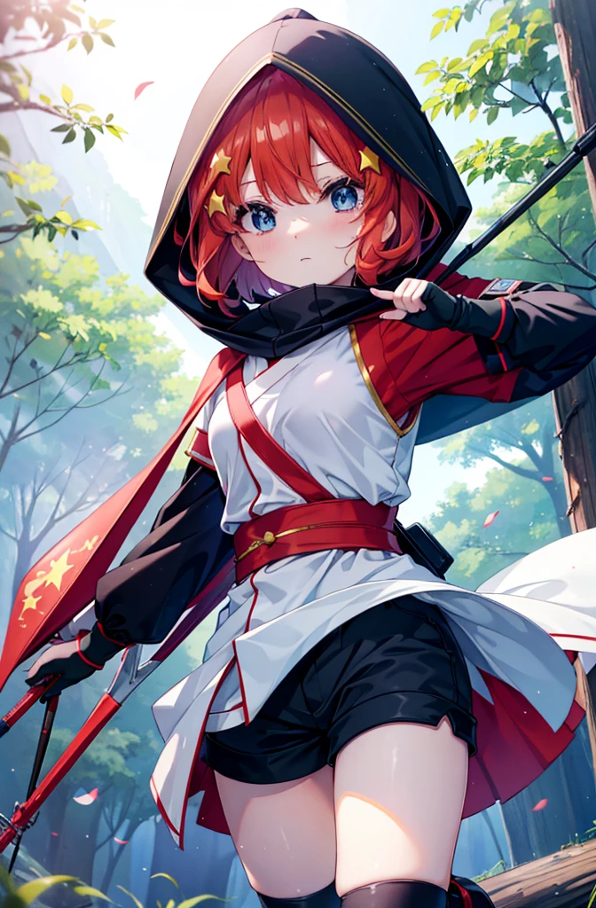 itsukinakano, itsuki nakano, bangs, blue eyes, Hair between the eyes, Redhead, star \(symbol\), hair ornaments, star hair ornaments,Wearing a hood,short hair,Carrying an archery bag,He has a quiver on one side, boots, Cape,gloves, red Knee socks, High heels, Shorts, Knee socks,whole bodyがイラストの中に入っていくように,歩いている
break outdoors, forest,forest林, break looking at viewer,whole body, 
break (masterpiece:1.2), Highest quality, High resolution, unity 8k wallpaper, (shape:0.8), (Fine and beautiful eyes:1.6), Highly detailed face, Perfect lighting, Highly detailed CG, (Perfect hands, Perfect Anatomy),