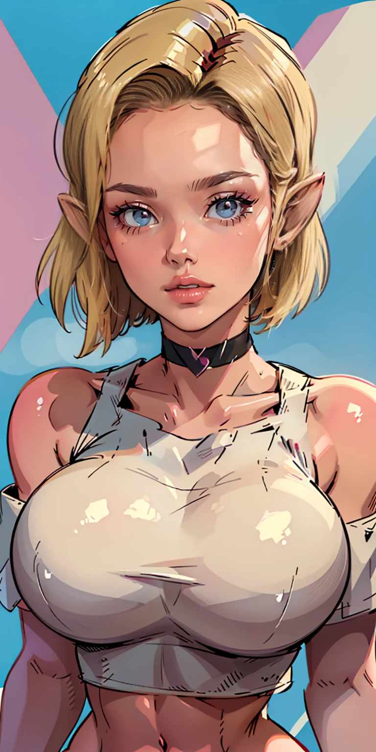 (best quality,ultra-detailed), Princess Zelda, the legend of zelda, girl, sharp face, naked, vibrant color, huge breasts, details in face choker,upper body, trembling, sweat,sweatdrop, heart, heavy breathing, love, crop top, happy, smile