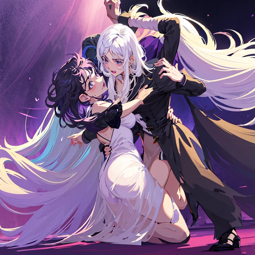  Anime two women a beautiful woman with long slightly wavy white hair bright blue eyes wearing a sexy black dress with black heels dancing with a beautiful woman with long dark purple hair with bright purple eyes wearing a sexy black dress and black heels dancing in a club night