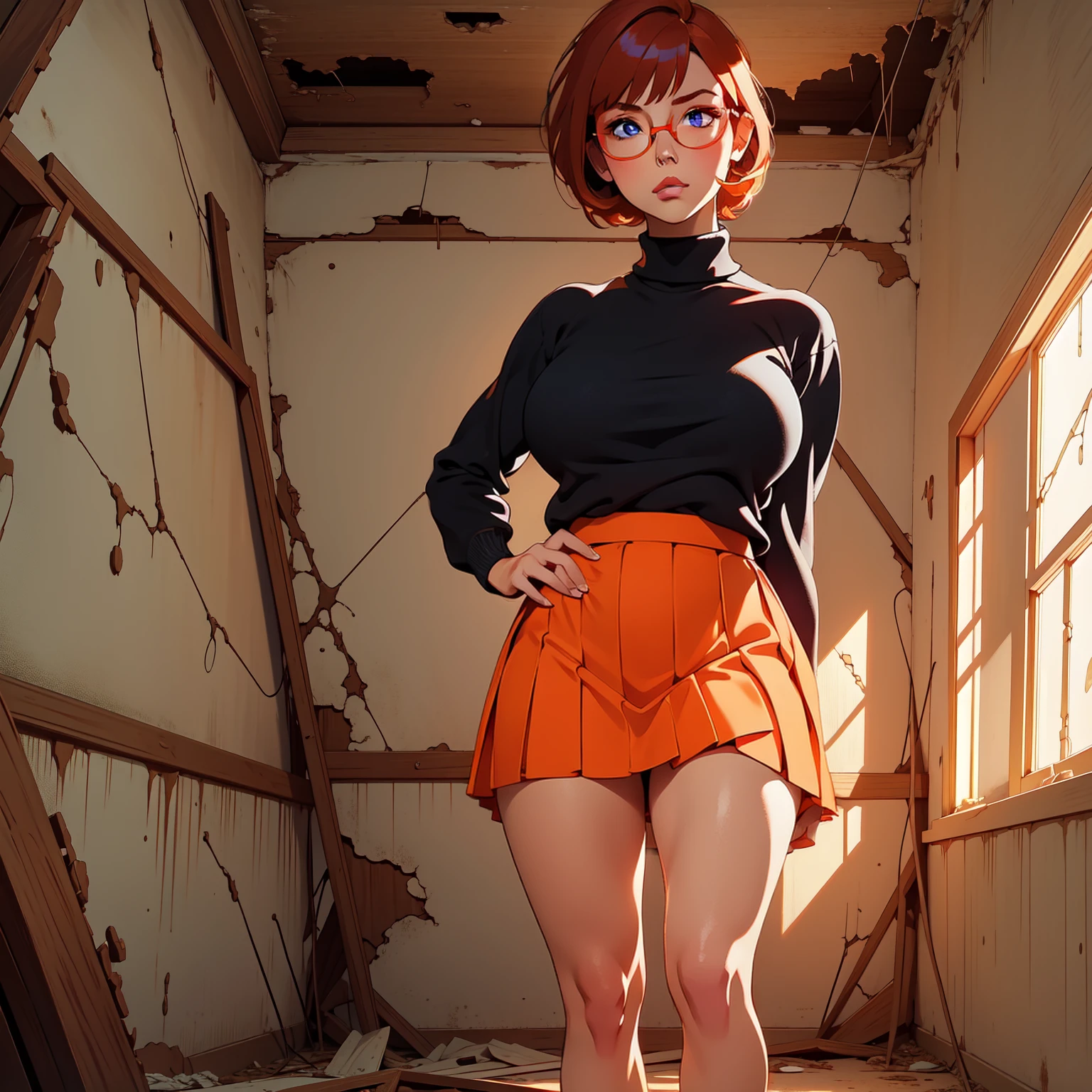 HD, 8k quality, masterpiece, Velma, dream girl huge, beautiful face, kissing lips, short bob hairstyle, long bangs, perfect makeup, realistic face, detailed eyes, diamond blue eyes, brunette hair, eyelashes, (scared:1.4), cameltoe, eyes at viewer, orange turtleneck knit sweater, clear lens glasses, orange school girl skirt, full body view from below, blush, (in abandoned house:1.4)