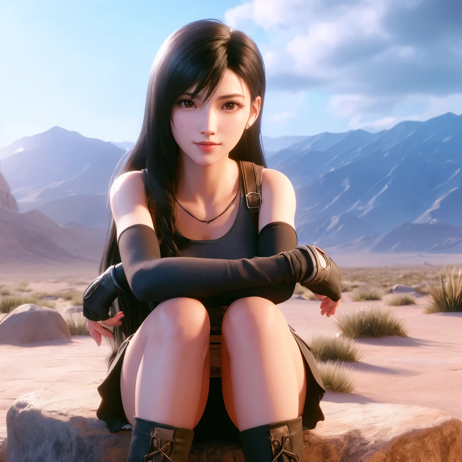 Tifa Lockhart, Delicate face, Detailed face, Gentle smile on the face, Perfect body, Ultra-realistic texture,((See your whole body from head to toe))