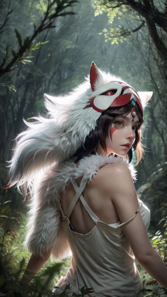 Only people are seen from behind,The dog is looking back,Precision,detailed,dynamic,official art, unity 8k wallpaper, Super detailed, beautiful, beautiful, masterpiece, highest quality, Painting of a woman riding a white wolf in the forest, studio ghibly style mononoke, riding a giant silver wolf, artwork in the style of Gweiz, princess mononoke inspired, Gweiz, Gweiz on artstation pixiv, Gweiz on pixiv artstation, mononoke, furry fantasy art