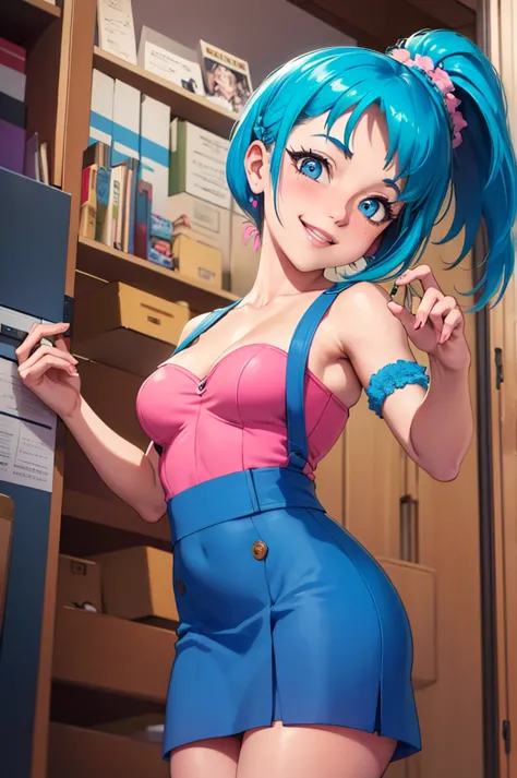 ((masterpiece,best quality)), absurdres, bulma_db,  braided ponytail, pink dress, blue eyes, solo, smiling, looking at viewer, c...