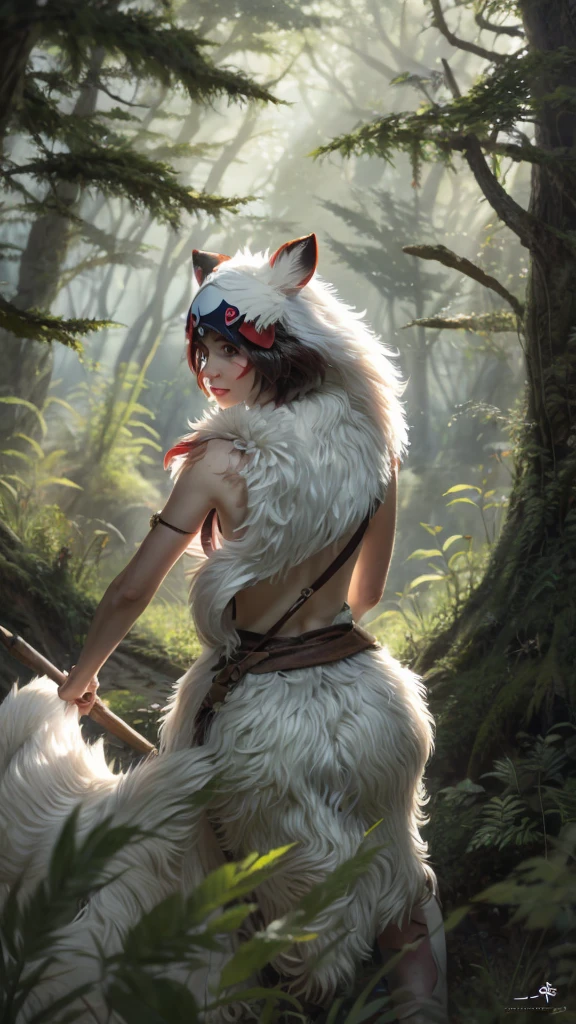 The dog is looking back,Only people are seen from behind,Precision,detailed,dynamic,official art, unity 8k wallpaper, Super detailed, beautiful, beautiful, masterpiece, highest quality, Painting of a woman riding a white wolf in the forest, studio ghibly style mononoke, riding a giant silver wolf, artwork in the style of Gweiz, princess mononoke inspired, Gweiz, Gweiz on artstation pixiv, Gweiz on pixiv artstation, mononoke, furry fantasy art