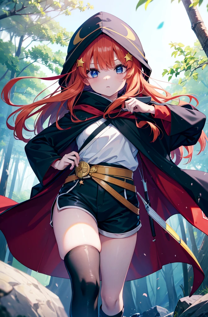 itsukinakano, itsuki nakano, bangs, blue eyes, Hair between the eyes, Redhead, star \(symbol\), hair ornaments, star hair ornaments,Wearing a hood,long hair,Carrying an archery bag,He has a quiver on one side, boots, Cape,gloves, red Knee socks, High heels, Shorts, Knee socks,whole bodyがイラストの中に入っていくように,歩いている
break outdoors, forest,forest林, break looking at viewer,whole body, 
break (masterpiece:1.2), Highest quality, High resolution, unity 8k wallpaper, (shape:0.8), (Fine and beautiful eyes:1.6), Highly detailed face, Perfect lighting, Highly detailed CG, (Perfect hands, Perfect Anatomy),