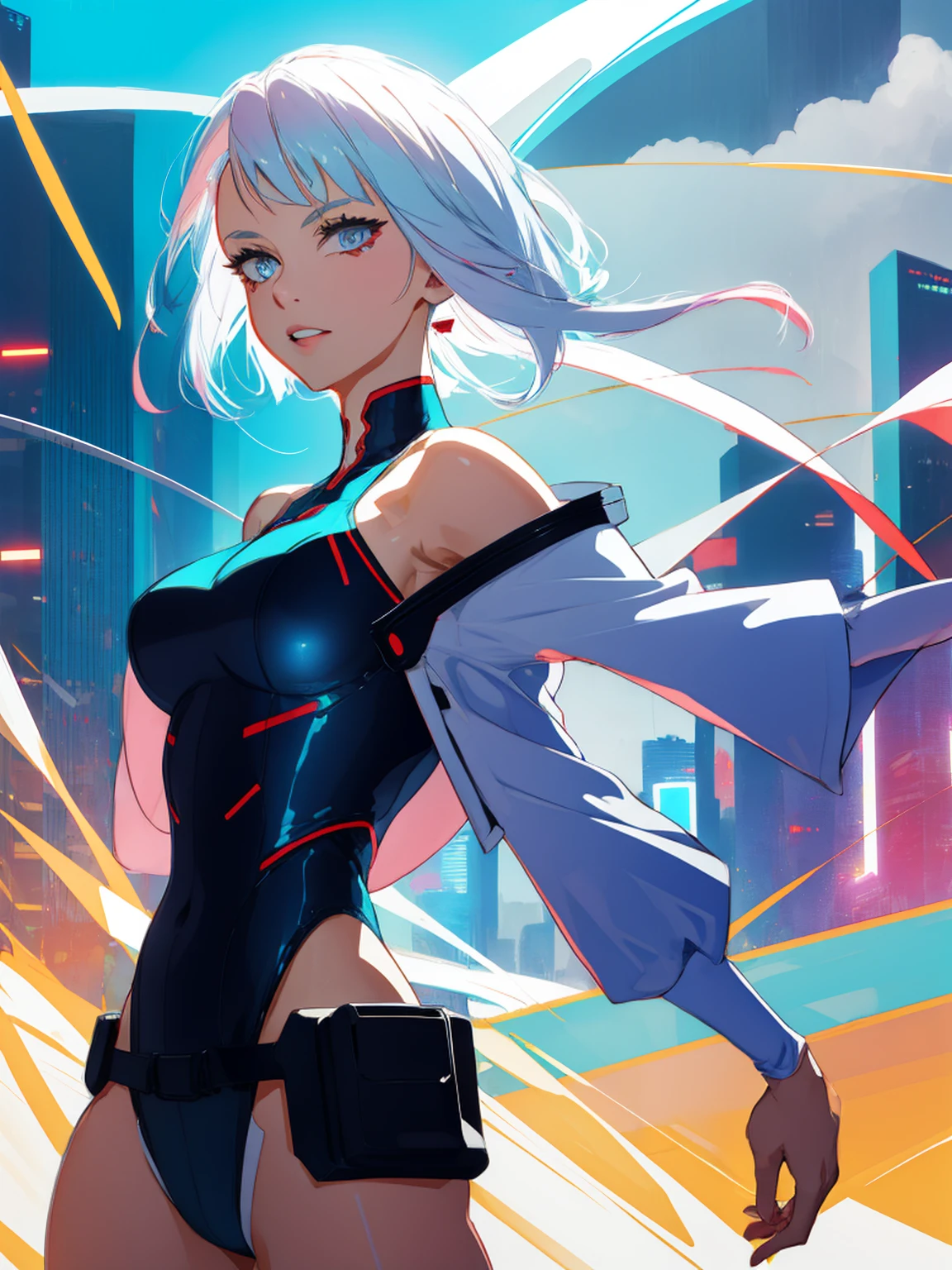 cyberpunk edgerunners, 1girl, lucy \(cyberpunk\), bare shoulders, blue eyes, breasts, leotard, looking at viewer, medium breasts, off-shoulder jacket, off shoulder, red eyeliner, short hair, sleeveless turtleneck leotard, solo, turtleneck leotard, white hair, ((masterpiece))