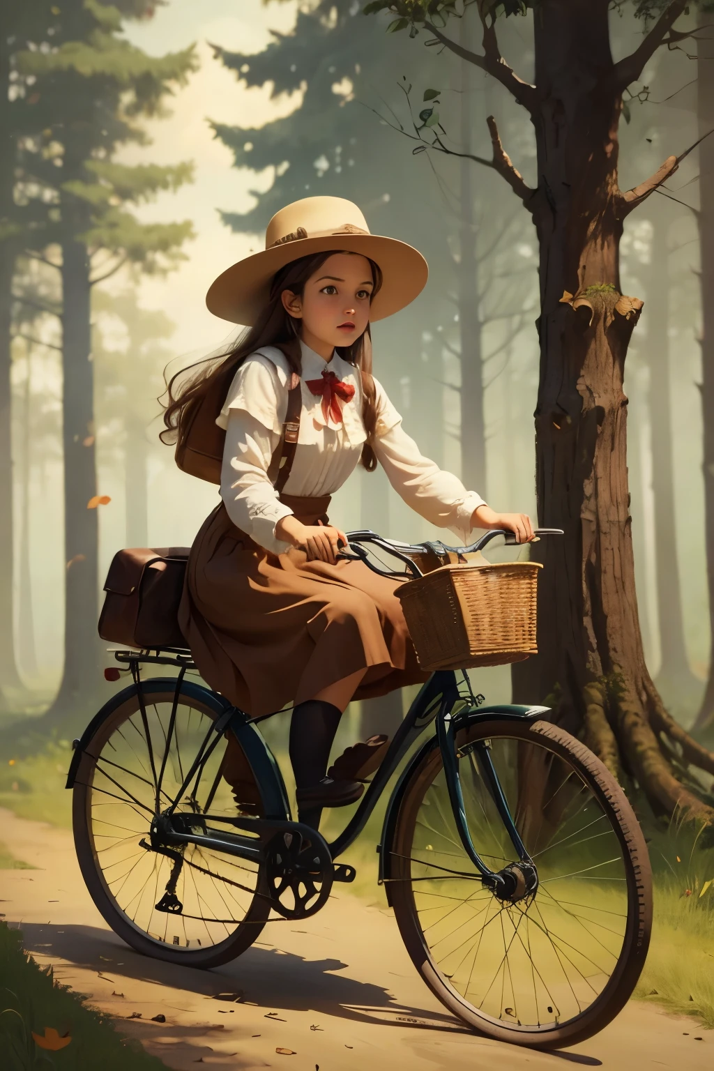 Neo Surrealismo,  realismo mágico arte bizarra, surrealismo pop, Arte caprichosa. Gere uma ilustração de uma pintura de uma garota com chapéu andando de bicicleta à moda antiga na floresta mágica