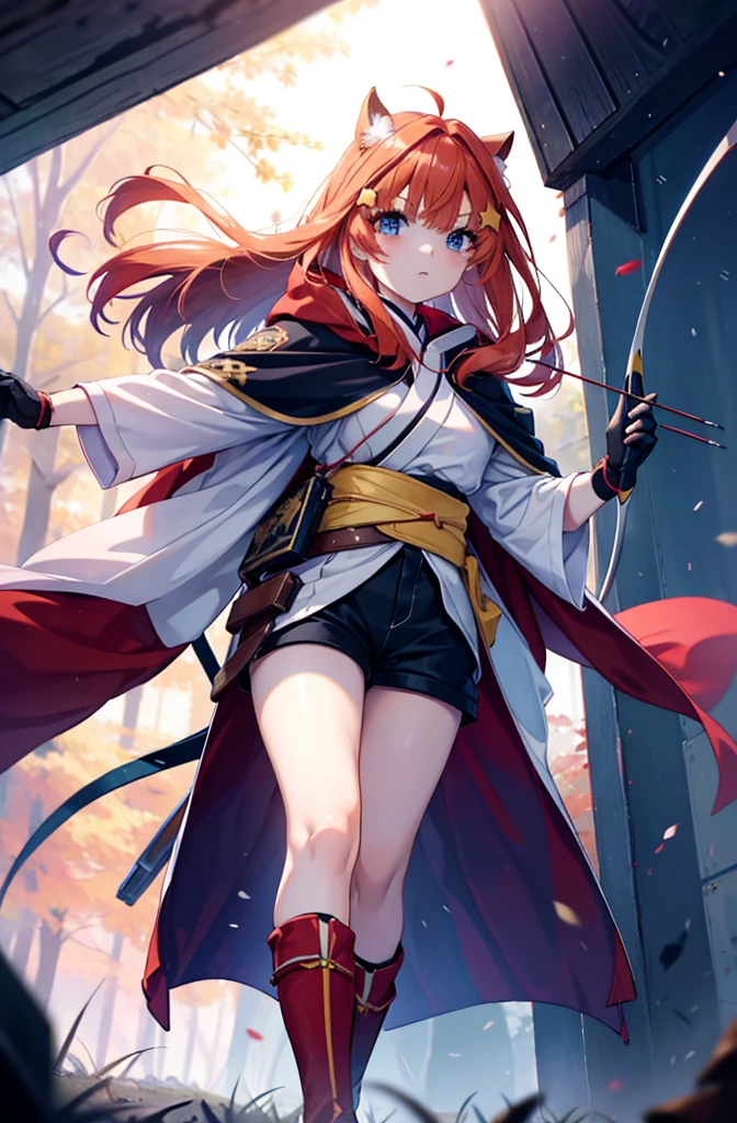 itsukinakano, itsuki nakano, bangs, blue eyes, Hair between the eyes, Redhead, star \(symbol\), hair ornaments, star hair ornaments,Wearing a hood,long hair,Carrying an archery bag,He has a quiver on one side, boots, Cape,gloves, red Knee socks, High heels, Shorts, Knee socks,whole bodyがイラストの中に入っていくように,歩いている
break outdoors, forest,forest林, break looking at viewer,whole body, 
break (masterpiece:1.2), Highest quality, High resolution, unity 8k wallpaper, (shape:0.8), (Fine and beautiful eyes:1.6), Highly detailed face, Perfect lighting, Highly detailed CG, (Perfect hands, Perfect Anatomy),