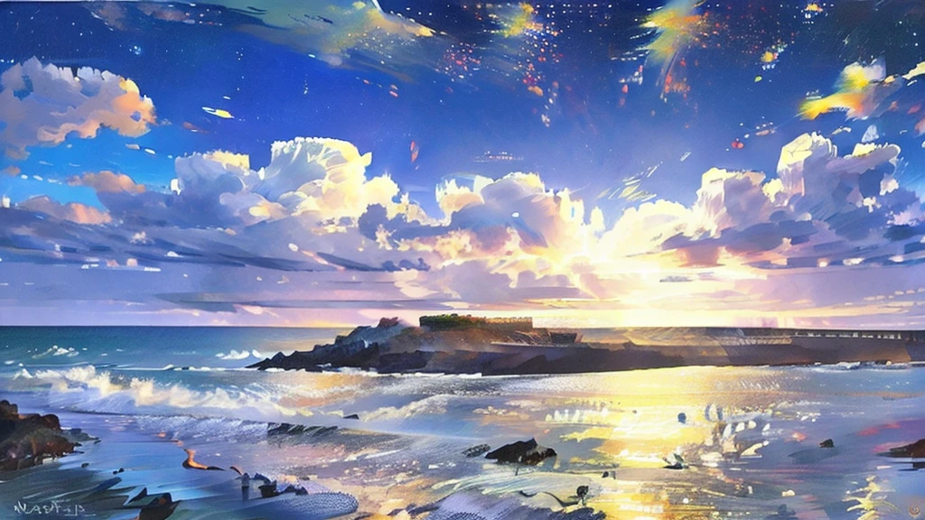 Ocean、Starry Sky、Late Night、moonlight、Landscape painting、oil、