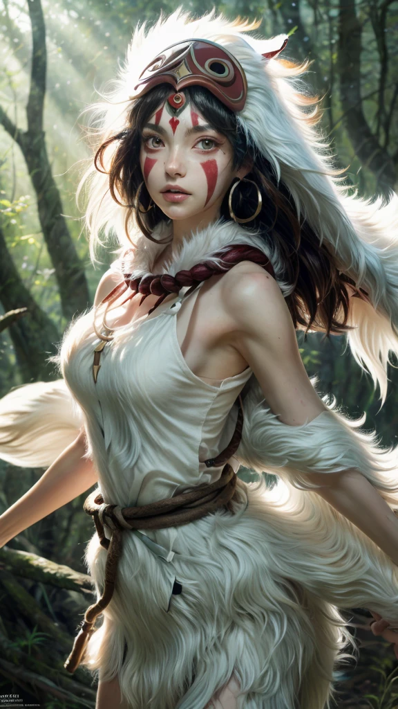 後ろ姿,Precision,detailed,dynamic,official art, unity 8k wallpaper, Super detailed, beautiful, beautiful, masterpiece, highest quality, Painting of a woman riding a white wolf in the forest, studio ghibly style mononoke, riding a giant silver wolf, artwork in the style of Gweiz, princess mononoke inspired, Gweiz, Gweiz on artstation pixiv, Gweiz on pixiv artstation, mononoke, furry fantasy art