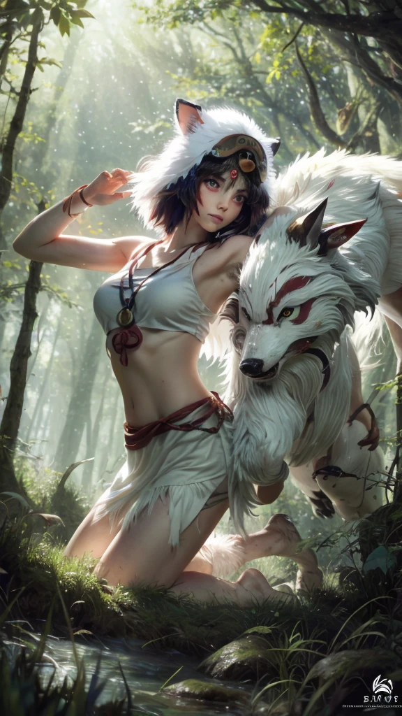 後ろ姿,Precision,detailed,dynamic,official art, unity 8k wallpaper, Super detailed, beautiful, beautiful, masterpiece, highest quality, Painting of a woman riding a white wolf in the forest, studio ghibly style mononoke, riding a giant silver wolf, artwork in the style of Gweiz, princess mononoke inspired, Gweiz, Gweiz on artstation pixiv, Gweiz on pixiv artstation, mononoke, furry fantasy art