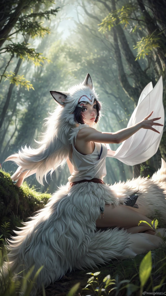 Two White Wolves,Back view,Precision,detailed,dynamic,official art, unity 8k wallpaper, Super detailed, beautiful, beautiful, masterpiece, highest quality, Painting of a woman riding a white wolf in the forest, studio ghibly style mononoke, riding a giant silver wolf, artwork in the style of Gweiz, princess mononoke inspired, Gweiz, Gweiz on artstation pixiv, Gweiz on pixiv artstation, mononoke, furry fantasy art