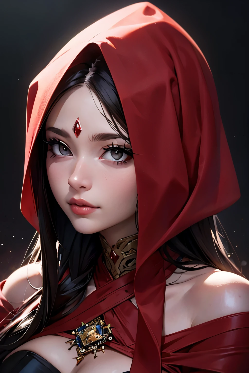 a chubby elegant woman in a red veil covering her eyes, fingers on her lips, long red nails, black background, photo-realistic, high quality, intricate details, oil painting, dramatic lighting, muted colors, mysterious atmosphere