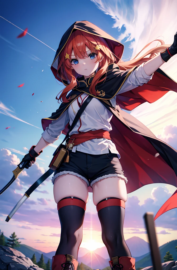 itsukinakano, itsuki nakano, bangs, blue eyes, Hair between the eyes, Redhead, star \(symbol\), hair ornaments, star hair ornaments,Wearing a hood,long hair,Carrying an archery bag,He has a quiver on one side, boots, Cape,gloves, red Knee socks, High heels, Shorts, Knee socks,whole bodyがイラストの中に入っていくように,歩いている
break outdoors, forest,forest林, break looking at viewer,whole body, 
break (masterpiece:1.2), Highest quality, High resolution, unity 8k wallpaper, (shape:0.8), (Fine and beautiful eyes:1.6), Highly detailed face, Perfect lighting, Highly detailed CG, (Perfect hands, Perfect Anatomy),