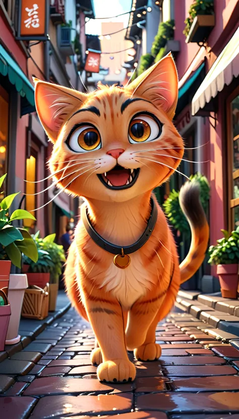 cute, big, orange cat walking down the street. cute, big, a reddish colored cat with a hungry look walking down a crowded street...