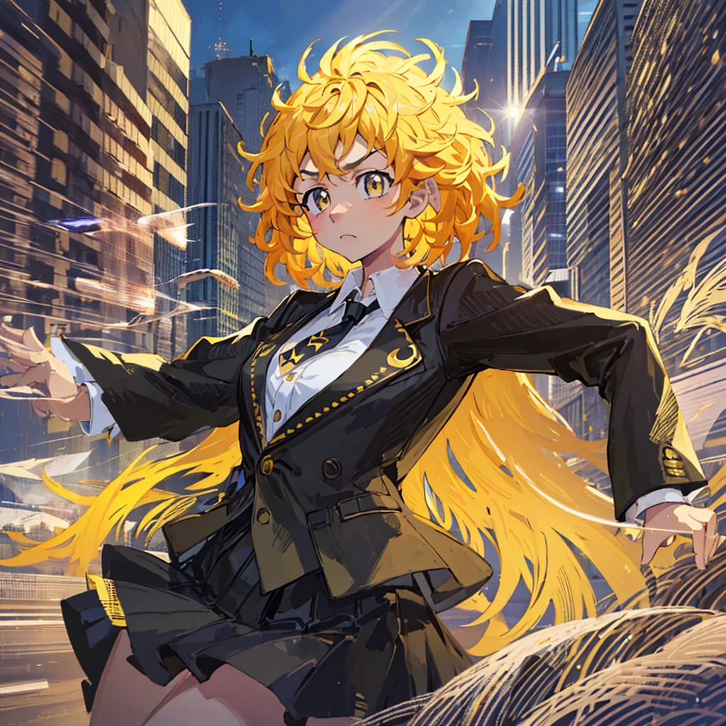 1 girl, intricate detail, Masterpiece, Best Quality, extremely detailed,cinematic lighting, beautiful detailed shine, Beautiful face and finely detailed eyes., 8k, dark and intense shadows, yellow eyes, medium hair, black fur, hits, by the floating, black jacket, open jacket, White shirt, Expressionless, yellow tie, black skirt, stand out, Sun light, sunrise, gradient sky, City, Lens flare, cowboy shot, [[curves]], [mature woman]