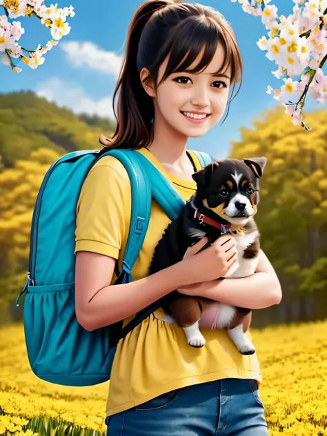 tip: a very charming  with a backpack and her cute puppy enjoying a lovely spring outing surrounded by beautiful yellow flowers ...