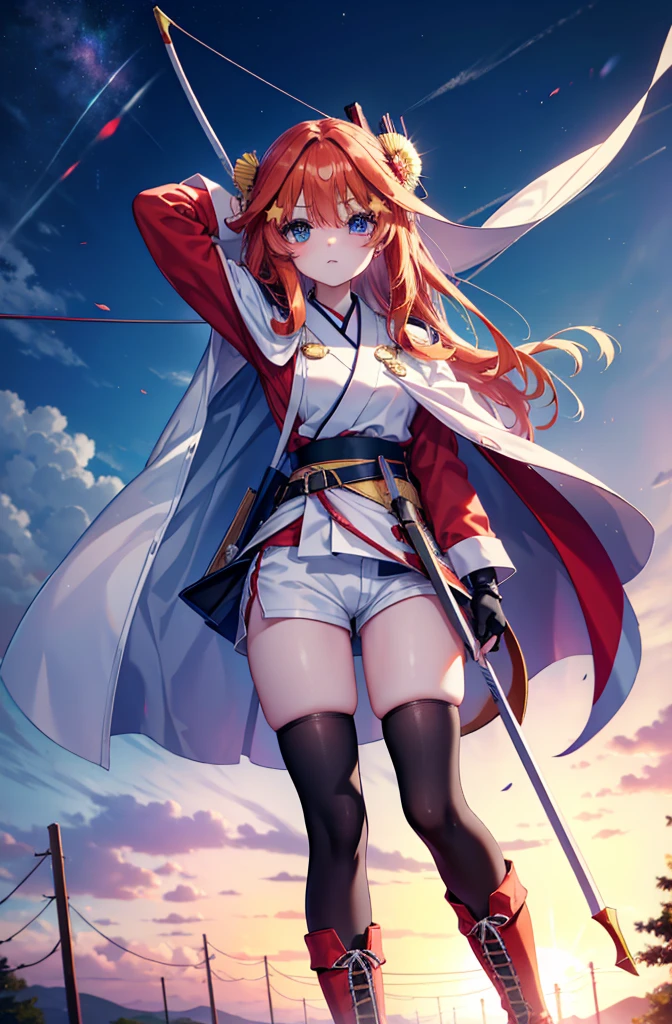 itsukinakano, itsuki nakano, bangs, blue eyes, Hair between the eyes, Redhead, star \(symbol\), hair ornaments, star hair ornaments,Long Hair,Carrying an archery bag,He has a quiver on one side, boots, Cape,gloves, red Knee socks, High heels, Shorts, Knee socks,whole bodyがイラストの中に入っていくように,歩いている
break outdoors, forest,forest林, break looking at viewer,whole body, 
break (masterpiece:1.2), Highest quality, High resolution, unity 8k wallpaper, (shape:0.8), (Fine and beautiful eyes:1.6), Highly detailed face, Perfect lighting, Highly detailed CG, (Perfect hands, Perfect Anatomy),