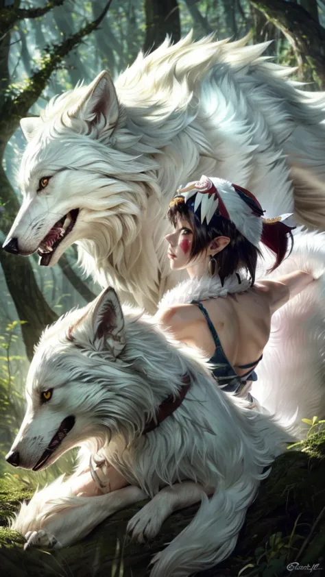 two white wolves,back view,precision,detailed,dynamic,official art, unity 8k wallpaper, super detailed, beautiful, beautiful, ma...