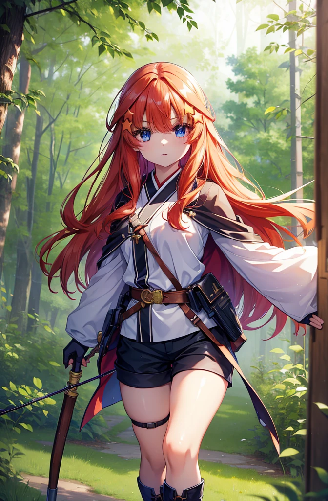 itsukinakano, itsuki nakano, bangs, blue eyes, Hair between the eyes, Redhead, star \(symbol\), hair ornaments, star hair ornaments,Long Hair,Carrying an archery bag,He has a quiver on one side, boots, Cape,gloves, red Knee socks, High heels, Shorts, Knee socks,whole bodyがイラストの中に入っていくように,歩いている
break outdoors, forest,forest林, break looking at viewer,whole body, 
break (masterpiece:1.2), Highest quality, High resolution, unity 8k wallpaper, (shape:0.8), (Fine and beautiful eyes:1.6), Highly detailed face, Perfect lighting, Highly detailed CG, (Perfect hands, Perfect Anatomy),