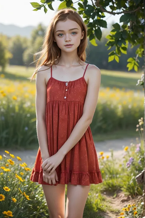 (( Sadie Sink actress)) , small  низкорослая девочка-teenager в обтягивающем коротком (red sundress dress ((bright red sundress ...