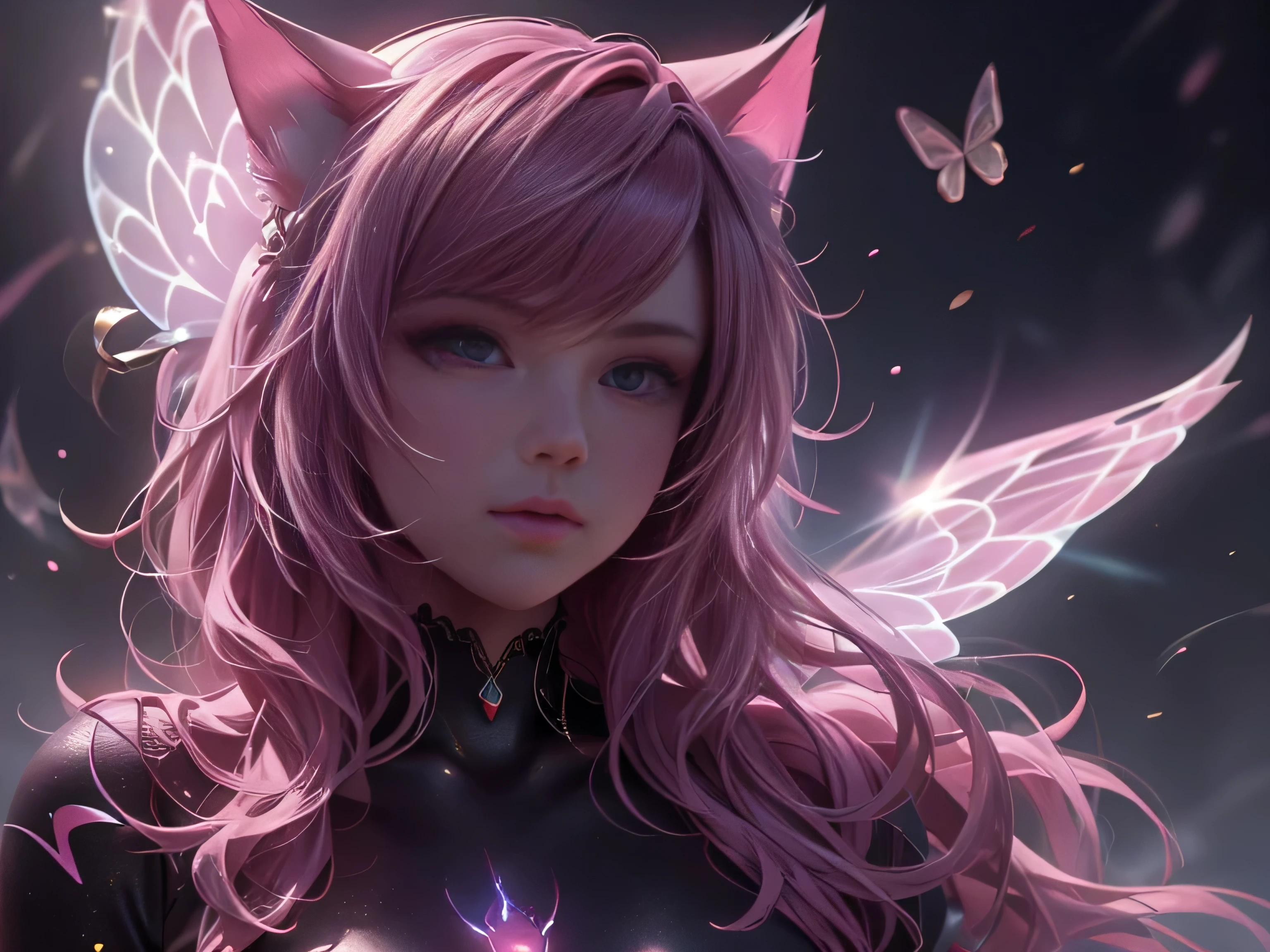 (Best Quality, 8K, Masterpiece, HDR, Soft Lighting, Picture Perfect, Realistic, Vivid), Cat Girl (1.0), Cat Girl with Red Hair and Dark Eyes in Revealing Clothes, Black Bodysuit with Lace Shiny Gloss Sheer Texture, Beautiful Anime Fantasy, Very beautiful and cute cat girl, large pink butterflies fly around, background blur, anime fantasy, work in Gouves style, realistic: 1.37, top view, red cat girl lies in blue flowers, large pink butterflies fly around, horizontal view, (Ultra High Quality Fantasy Art), Masterpiece, Female Model, Ultra High Quality Female Character Designs, Detailed 8k Anime Art, Realistic Anime Art, Highest Quality Wallpapers, Intricate Ultra High Quality Accurate Female Character Faces, High Quality Designs and Accurate Physics (Fantasy - Ultra High Quality) quality) quality)) art), dark fantasy style), masterpieces, super high-quality characters, anime resolution - 8K, realistic anime art, wallpaper with the highest quality illustrations, ultra-high detail of faces, high-quality design and accurate physics), color, depth of field, shadows, ray tracing, high quality workmanship. -high quality and 8K resolution, (Accurate simulation of the interaction of light and materials)], [High-quality hair detail [More about beautiful and shiny red hair]], (Beautifully detailed hands [perfect fingers [Perfect nails]]], (perfect anatomy (perfect proportions)))) [[Full-length]], [Perfect combination of colors (Accurate imitation of the interaction of light and material)], [art that conveys the meaning of the story](modified)