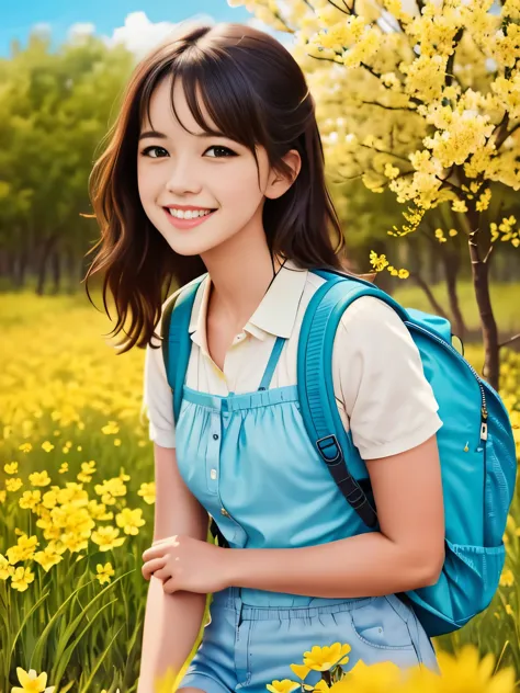 tip: a very charming  with a backpack and her cute puppy enjoying a lovely spring outing surrounded by beautiful yellow flowers ...