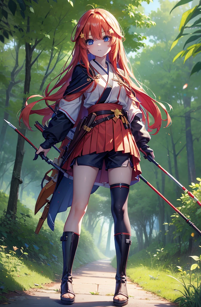 itsukinakano, itsuki nakano, bangs, blue eyes, Hair between the eyes, Redhead, star \(symbol\), hair ornaments, star hair ornaments,Long Hair,Carrying an archery bag,He has a quiver on one side, boots, Cape,gloves, red Knee socks, High heels, Shorts, Knee socks,whole bodyがイラストの中に入っていくように,歩いている
break outdoors, forest,forest林, break looking at viewer,whole body, 
break (masterpiece:1.2), Highest quality, High resolution, unity 8k wallpaper, (shape:0.8), (Fine and beautiful eyes:1.6), Highly detailed face, Perfect lighting, Highly detailed CG, (Perfect hands, Perfect Anatomy),