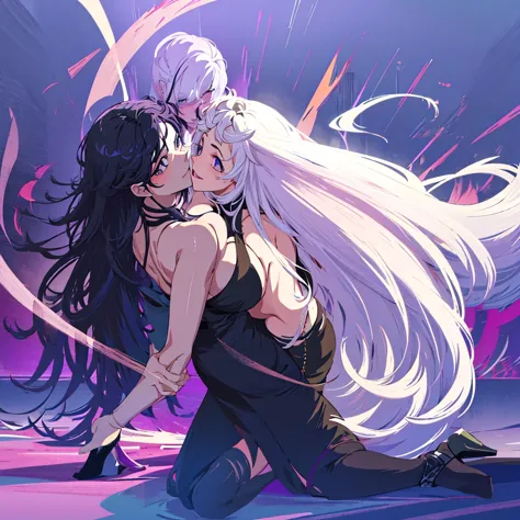  Anime two women a beautiful woman with long slightly wavy white hair bright blue eyes wearing a sexy black dress with black hee...
