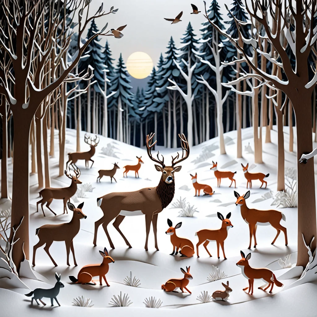 Create a detailed paper cutout artwork depicting a snowy landscape with animals. The scene should include a serene, snow-covered forest with tall trees and a blanket of snow on the ground. Various animals such as deer, foxes, rabbits, and birds should be shown interacting with the winter environment, some foraging for food and others playing in the snow. The artwork should capture the peacefulness and beauty of winter, highlighting the contrast between the white snow and the animals. The overall mood should be tranquil and heartwarming, showcasing the harmony between nature and wildlife in a winter setting.