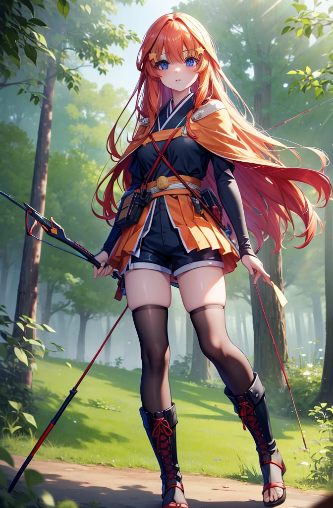 itsukinakano, itsuki nakano, bangs, blue eyes, Hair between the eyes, Redhead, star \(symbol\), hair ornaments, star hair ornaments,Long Hair,Carrying an archery bag,He has a quiver on one side, boots, Cape,gloves, red Knee socks, High heels, Shorts, Knee socks,whole bodyがイラストの中に入っていくように,歩いている
break outdoors, forest,forest林, break looking at viewer,whole body, 
break (masterpiece:1.2), Highest quality, High resolution, unity 8k wallpaper, (shape:0.8), (Fine and beautiful eyes:1.6), Highly detailed face, Perfect lighting, Highly detailed CG, (Perfect hands, Perfect Anatomy),