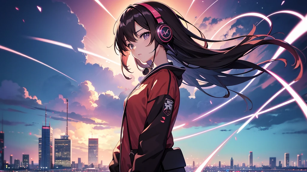 Woman wearing headphones, Anime Style 4 k, anime wallpaper 4k, anime wallpaper 4k, 4k anime wallpaper, anime art wallpaper 4k, anime art wallpaper 4k, Anime Style. 8K, Anime atmosphere, , Ultra HD Anime Wallpaper, Anime Art Wallpaper 8K, Anime Background,summer,City,landscape、far away、music、noon