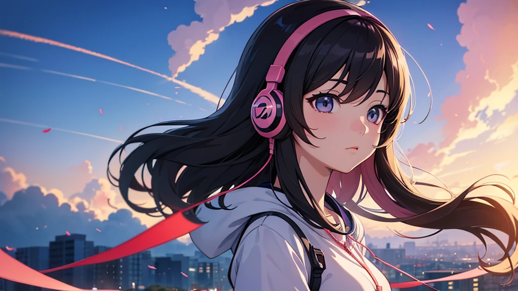 Woman wearing headphones, Anime Style 4 k, anime wallpaper 4k, anime wallpaper 4k, 4k anime wallpaper, anime art wallpaper 4k, anime art wallpaper 4k, Anime Style. 8K, Anime atmosphere, , Ultra HD Anime Wallpaper, Anime Art Wallpaper 8K, Anime Background,summer,landscape、far away、music