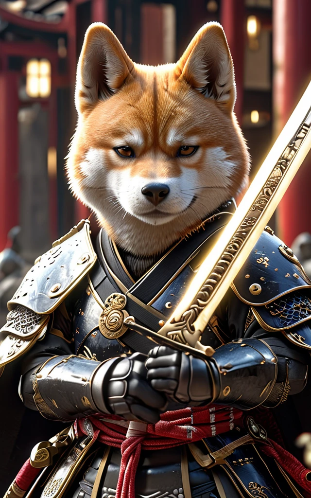 Shiba Inu Samurái,todo el cuerpo, Tiene una espada japonesa cargada de rayos.., Vistiendo armadura japonesa negra y hakama haori., fondo del templo japonés, Alta resolución, obra maestra, de la máxima calidad, Muy detallado, Muy detallado, Ultrarrealista,
 estilo japonés, 3D esponjoso, Primeros planos lindos y adorables., lindos ojos grandes y redondos reflectantes, pelaje largo y difuso, Representación de Pixar, unreal engine cinematográfico smooth, Detalle exquisito, cinematográfico