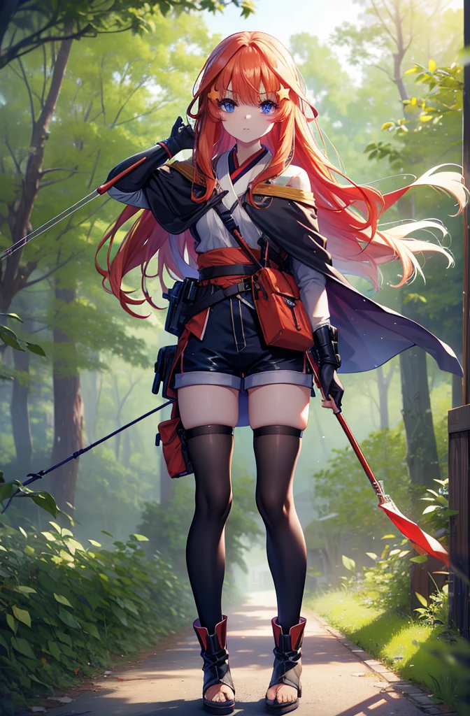 itsukinakano, itsuki nakano, bangs, blue eyes, Hair between the eyes, Redhead, star \(symbol\), hair ornaments, star hair ornaments,Long Hair,Carrying an archery bag,He has a quiver on one side, boots, Cape,gloves, red Knee socks, High heels, Shorts, Knee socks,whole bodyがイラストの中に入っていくように,歩いている
break outdoors, forest,forest林, break looking at viewer,whole body, 
break (masterpiece:1.2), Highest quality, High resolution, unity 8k wallpaper, (shape:0.8), (Fine and beautiful eyes:1.6), Highly detailed face, Perfect lighting, Highly detailed CG, (Perfect hands, Perfect Anatomy),