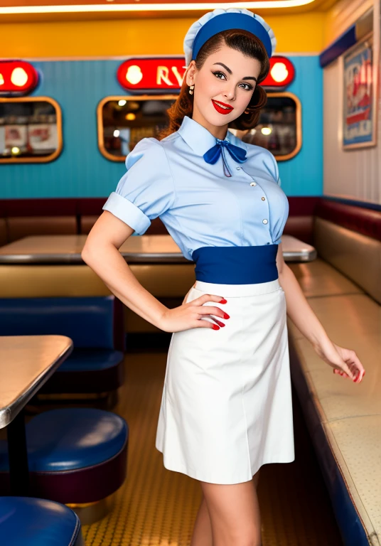 Arafed woman in blue skirt and white shirt on a skateboard., wearing rr diner uniform, in a 5 0s restaurant, in a classic restaurant from the 50s, 5 0's diner, at Classic Diner, ( waitress ) girl, retro 50s style, 50s style, 50s style, pin-up style, 50s vibes