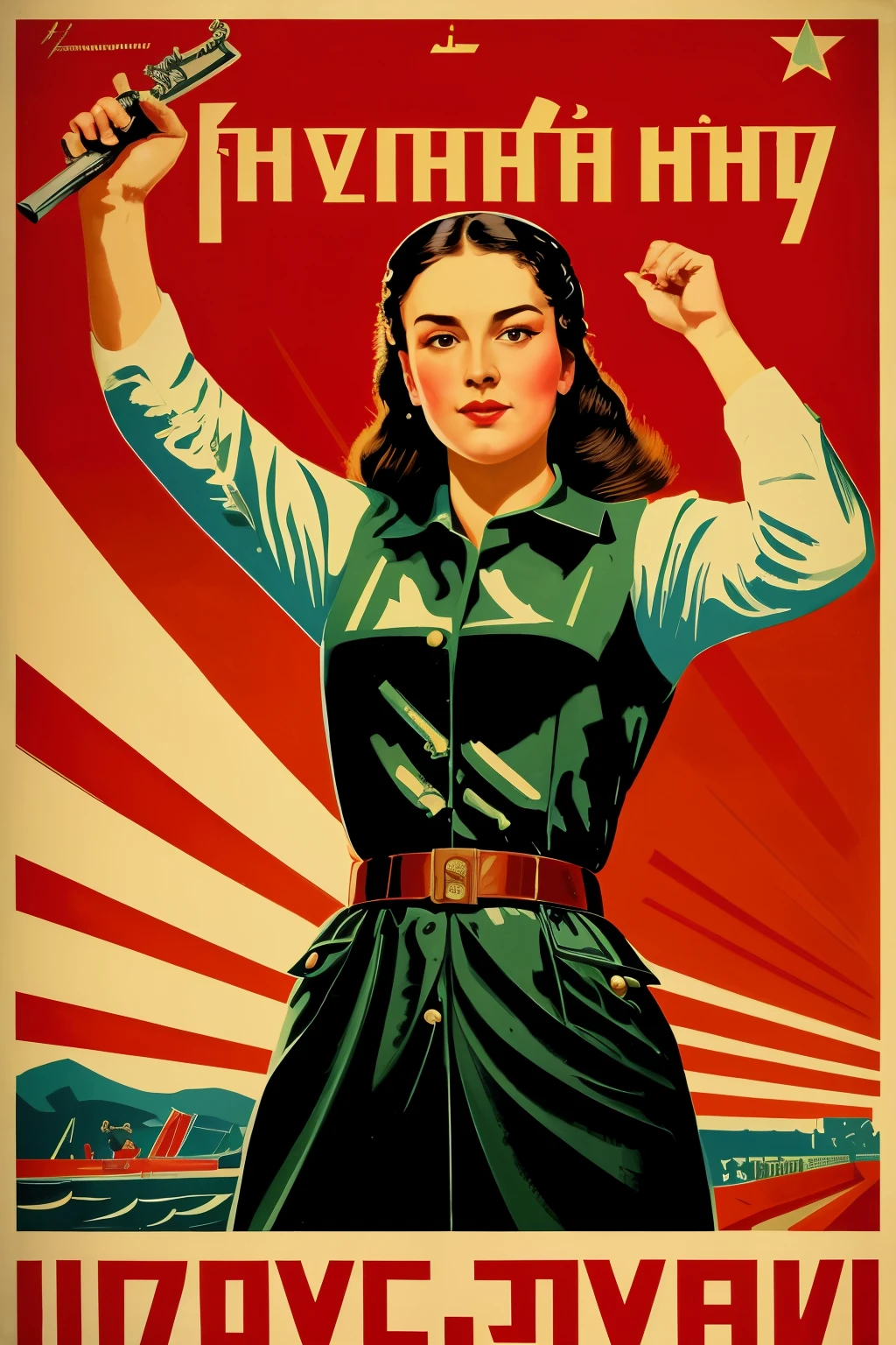 ((mejor calidad)), ((obra maestra)), (detallado), 1 chica, Imagen arafed de una mujer con uniforme militar sosteniendo una espada samurái., propaganda soviética, propaganda soviética style, cartel de la urss, soviet cartel propagandístico, soviet era cartel propagandístico, cartel soviético, soviet Arte propagandístico, in a propaganda soviética style, cartel propagandístico, publicidad soviética, Arte propagandístico, soviet cartel propagandístico style, propaganda soviética painting, estilo soviético, Propaganda comunista