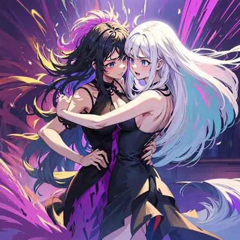  Anime two women a beautiful woman with long slightly wavy white hair bright blue eyes wearing a sexy black dress with black hee...