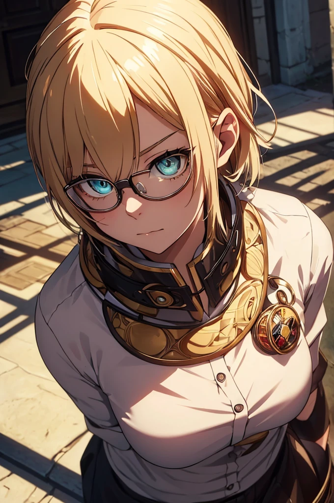 Blonde, Round Glasses, cool, (Gear Accessories), anime, beautiful, masterpiece, Highest quality, (1male性:1.5), (Shining Eyes:1.3), (Beautifully detailed eyes:1.1)、[[Delicate fingers and hands:0.55]::0.85], (Detailed reference),male, maleらしく, male, (Not as it really is), (bad), (Not as it really is感), No chest, short hair length