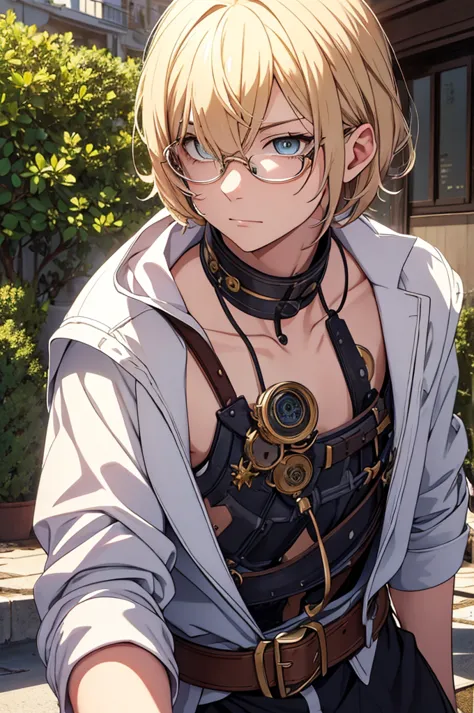 blonde, round glasses, cool, (gear accessories), anime, beautiful, masterpiece, highest quality, (1male性:1.5), (shining eyes:1.3...