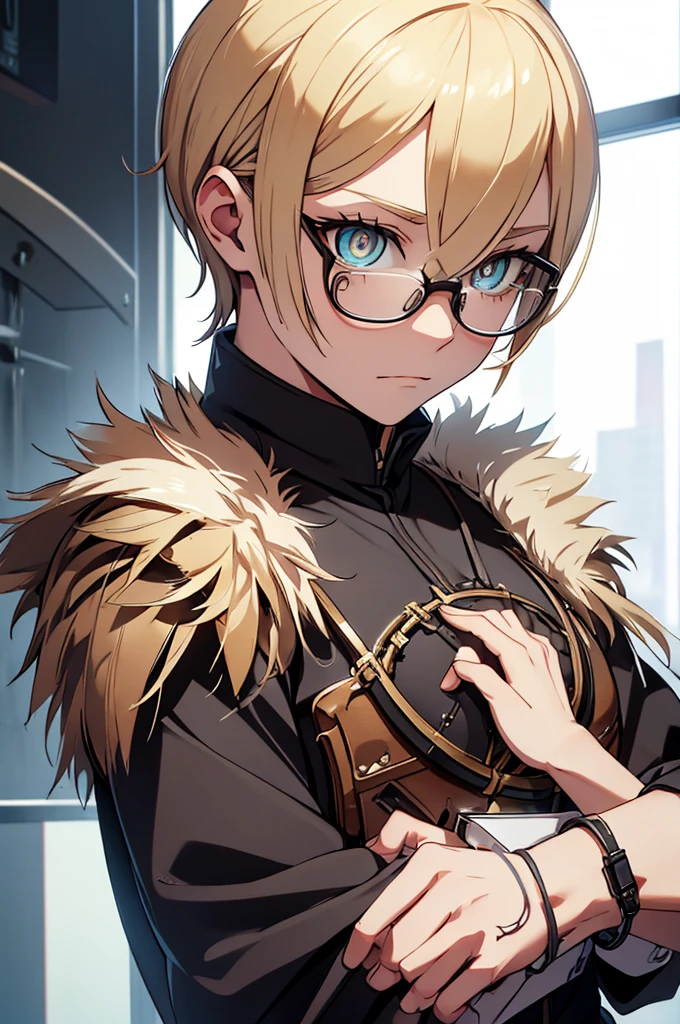 Blonde, Round Glasses, cool, (Gear Accessories), anime, beautiful, masterpiece, Highest quality, (1male性:1.5), (Shining Eyes:1.3), (Beautifully detailed eyes:1.1)、[[Delicate fingers and hands:0.55]::0.85], (Detailed reference),male, maleらしく, male, (Not as it really is), (bad), (Not as it really is感), No chest, short hair length