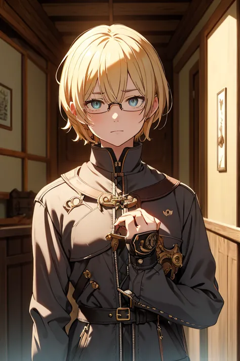 Blonde, Round Glasses, cool, (Gear Accessories), anime, beautiful, masterpiece, Highest quality, (1male性:1.5), (Shining Eyes:1.3...