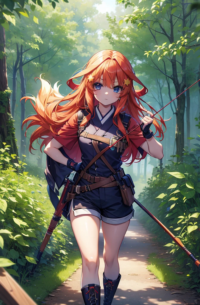 itsukinakano, itsuki nakano, bangs, blue eyes, Hair between the eyes, Redhead, star \(symbol\), hair ornaments, star hair ornaments,Long Hair,Carrying an archery bag,He has a quiver on one side, boots, Cape,gloves, red Knee socks, High heels, Shorts, Knee socks,whole bodyがイラストの中に入っていくように,歩いている
break outdoors, forest,forest林, break looking at viewer,whole body, 
break (masterpiece:1.2), Highest quality, High resolution, unity 8k wallpaper, (shape:0.8), (Fine and beautiful eyes:1.6), Highly detailed face, Perfect lighting, Highly detailed CG, (Perfect hands, Perfect Anatomy),