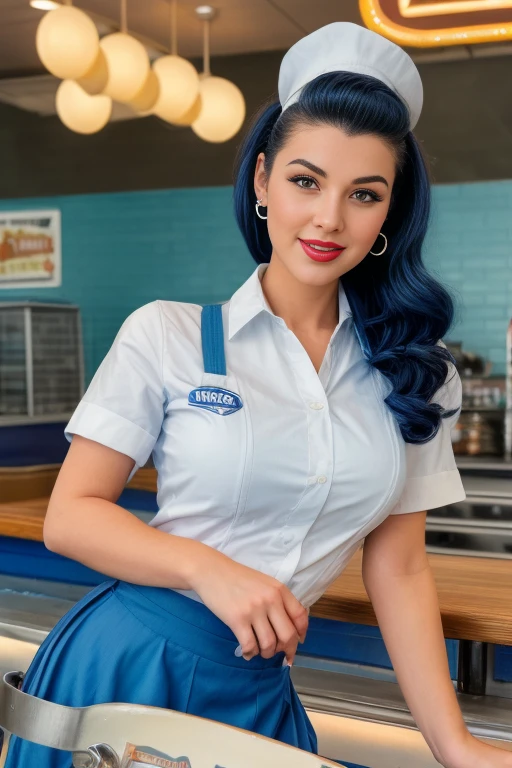 Arafed woman in blue skirt and white shirt on a skateboard., wearing rr diner uniform, in a 5 0s restaurant, in a classic restaurant from the 50s, 5 0's diner, at Classic Diner, ( waitress ) girl, retro 50s style, 50s style, 50s style, pin-up style, 50s vibes
