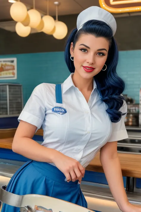 Arafed woman in blue skirt and white shirt on a skateboard., wearing rr diner uniform, in a 5 0s restaurant, in a classic restau...