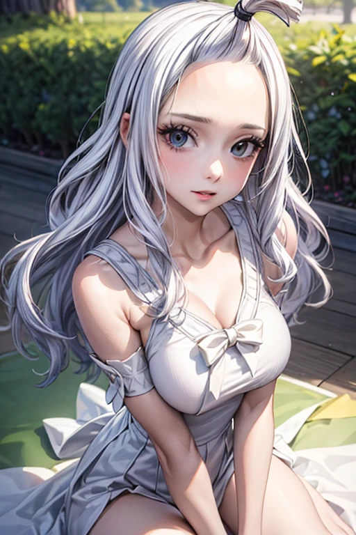 (best quality,4k,8k,highres,masterpiece:1.2),ultra-detailed,realistic,photorealistic:1.37, Mirajane Strauss, 22 year old woman with straight white wavy hair wearing a white dress 