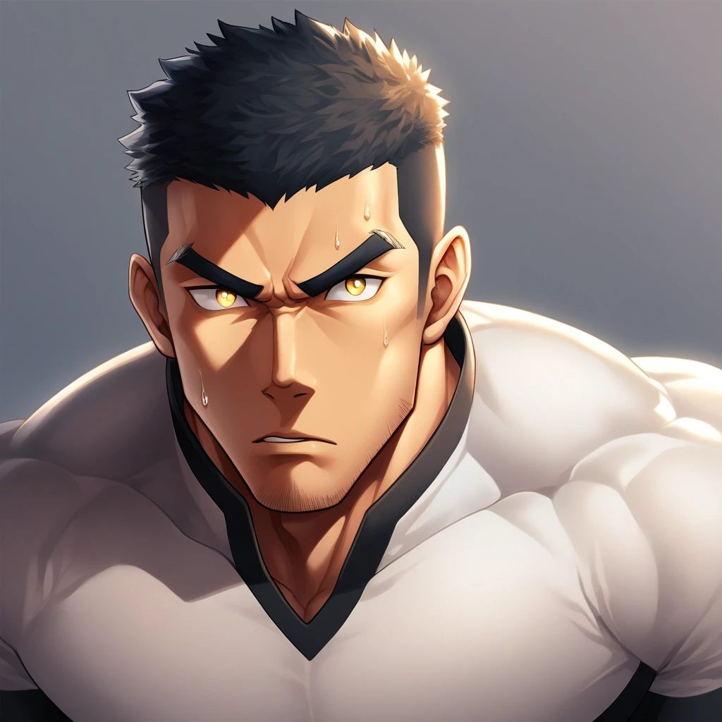 anime characters：Gyee,  Deep black skin, Muscle Sports Student, 1 muscular tough guy, Manliness, male focus, Close-up of the side, Light yellow high collar long sleeve tight T-shirt, Very tight, The clothes were soaked with sweat, The pectoral muscles are oversized, Slightly transparent, muscular male, muscular, only, Upper body, alone, Black short hair, Thick eyebrows, stubble, Yellow eyes, Grey background, simple background, amazing quality, best aesthetics, Ridiculous, bright pupils, crew cut, parted lips, v-shaped eyebrows, jitome, disdain, drop shadow, best quality