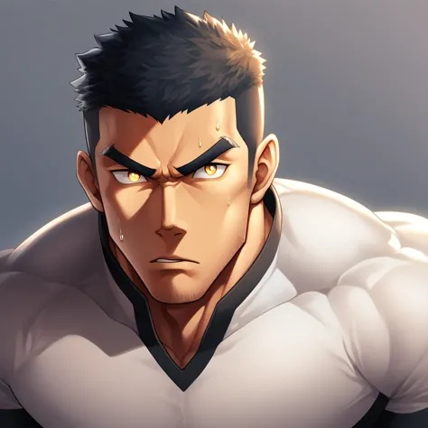 anime characters：Gyee,  Deep black skin, Muscle Sports Student, 1 muscular tough guy, Manliness, male focus, Close-up of the sid...